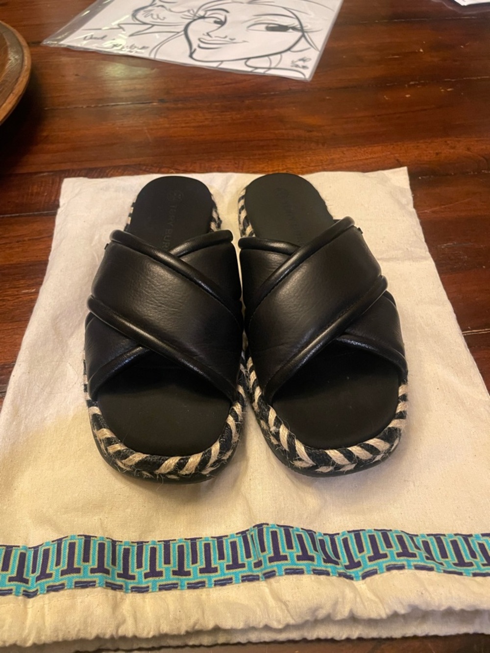 Tory Burch Black Leather Crisscross Espadrille Slide Sandals with Braided Trim